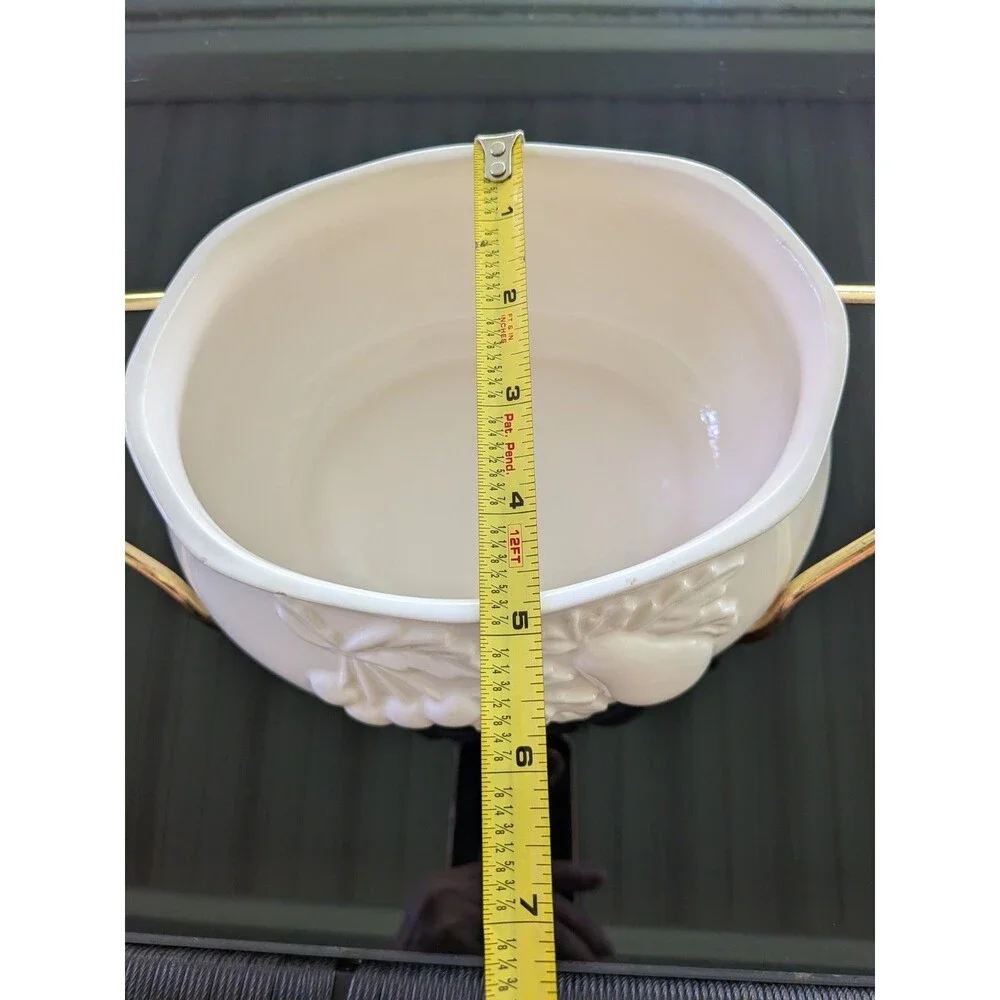Teleflora Soup Tureen Serving Bowl Lidded Metal Rack Gold Accents Fruit Designs